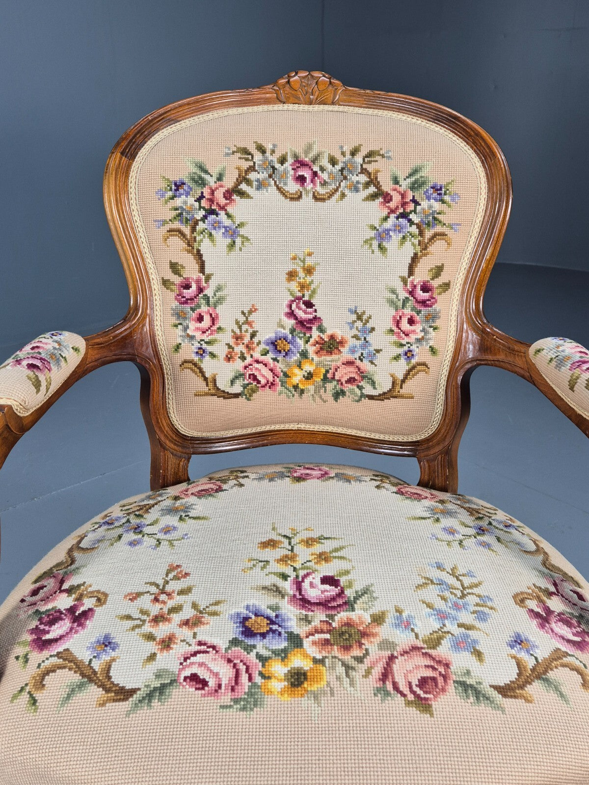 Vintage Armchair Embroidered Floral Pattern Louis XVI Style Beech EB9564 VCLO - UKDK FURNITURE