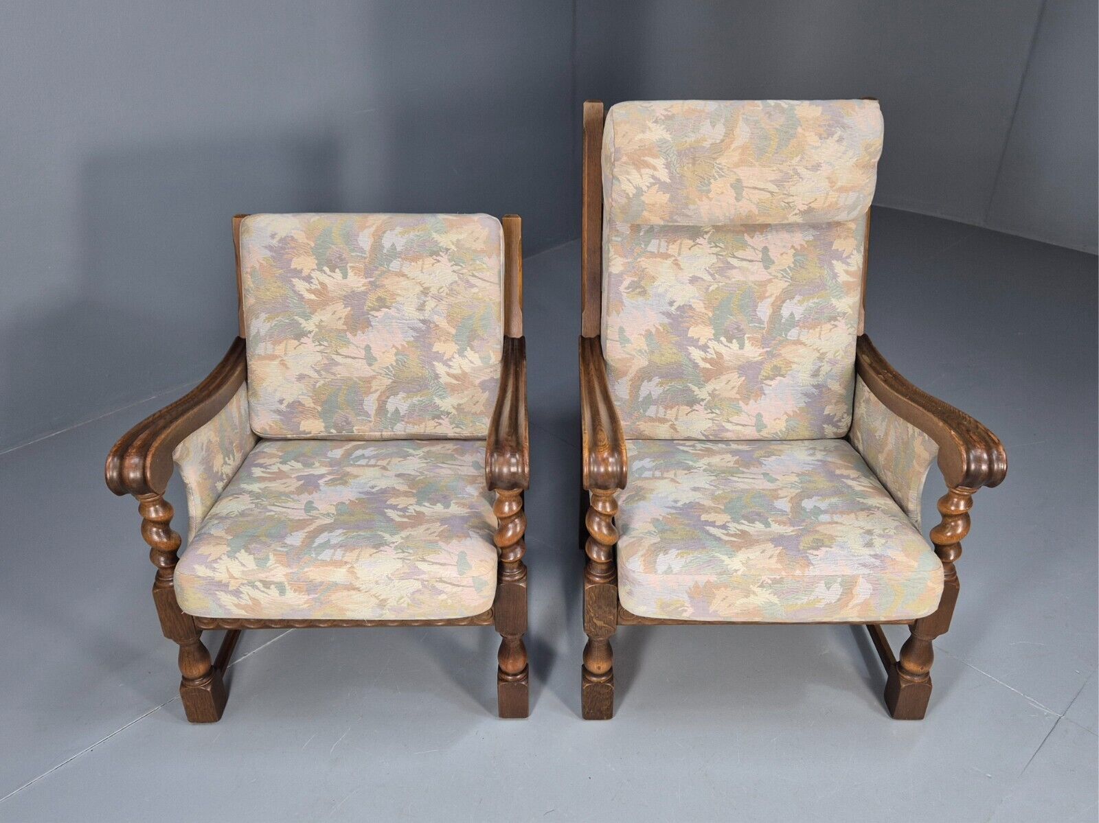 2 Vintage Danish Lounge Chairs Floral Beige Cotton Oak Frame Baroque EB8952 VCLO - UKDK FURNITURE