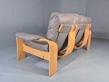 Two Seater Vintage Settee Bentwood and Grey Leather 1980s Retro MCM EB11390 M2SS16