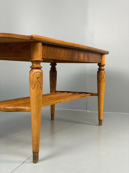 Vintage Walnut Coffee Table - Carved 1960s Magazine Rack Brass EB10874 MWOO13