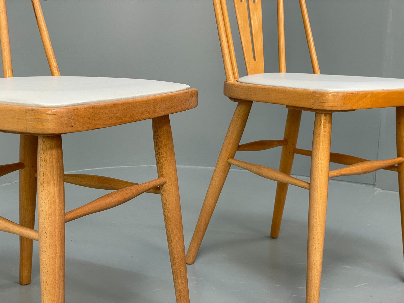Mid Century Beech Dining Chairs Pair Off White Vinyl 1960s EB9779 MDIN - UKDK FURNITURE