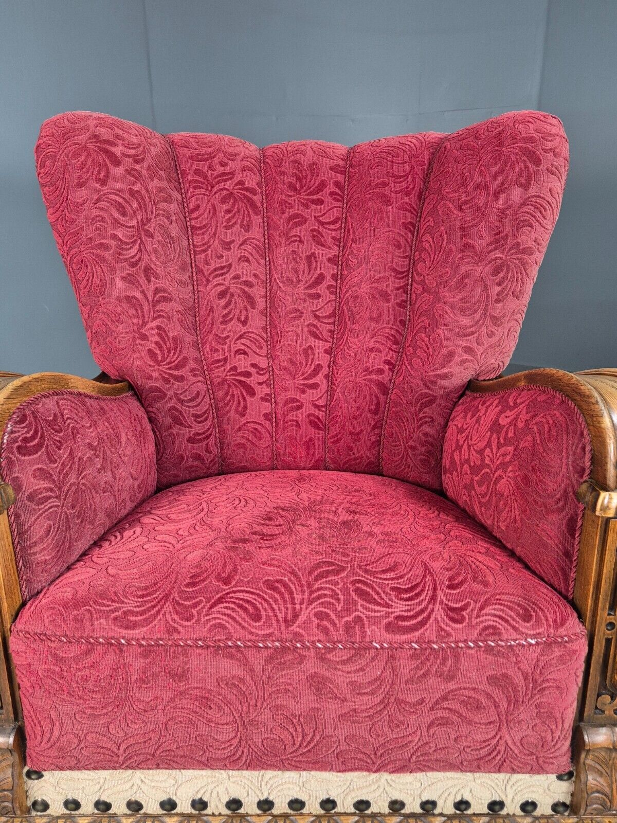 Vintage Danish Lounge Chair Red Moquette Oak Shell Back Antique 1930 EB8280 VCLO - UKDK FURNITURE