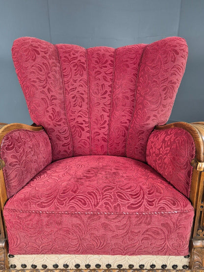 Vintage Danish Lounge Chair Red Moquette Oak Shell Back Antique 1930 EB8280 VCLO - UKDK FURNITURE