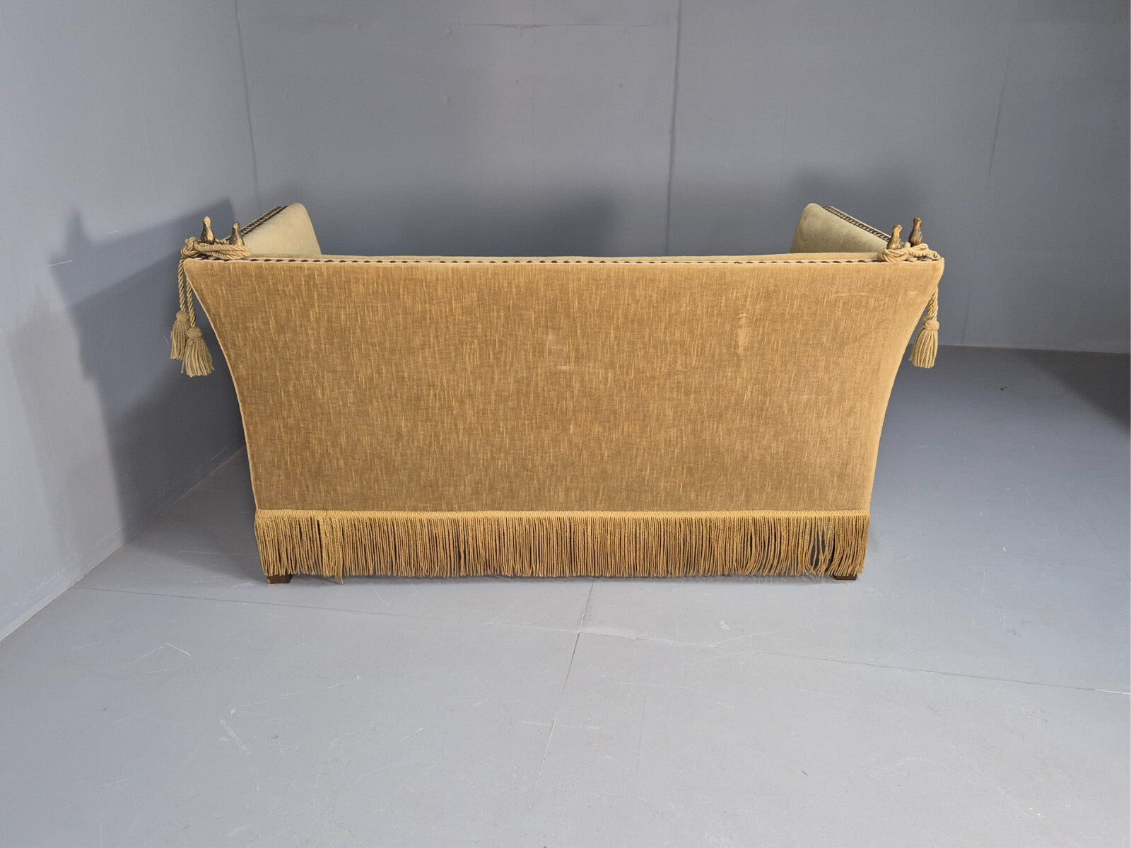 Vintage Two Seater Sofa Green Velour Studded Tassels Danish Design EB9549 V2SS - UKDK FURNITURE