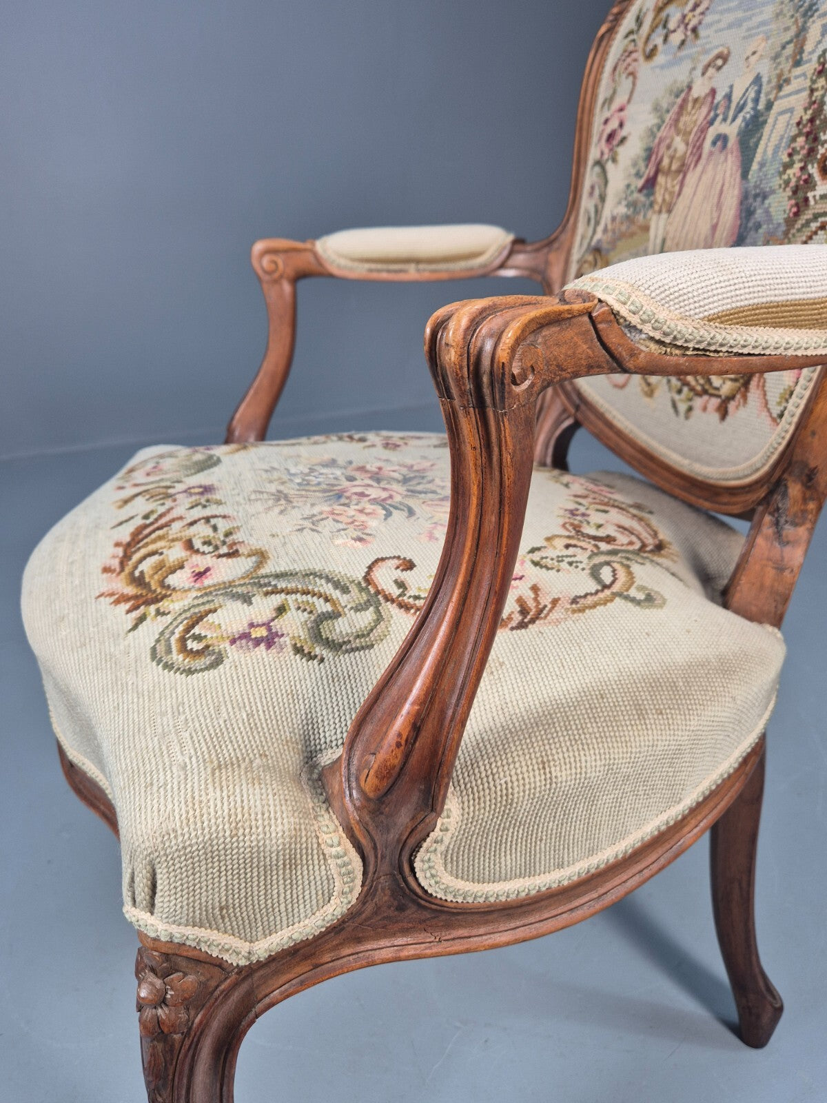 Antique Danish Lounge Chair Embroidered Lovers Tapestry French Style EB9637 VCAR - UKDK FURNITURE