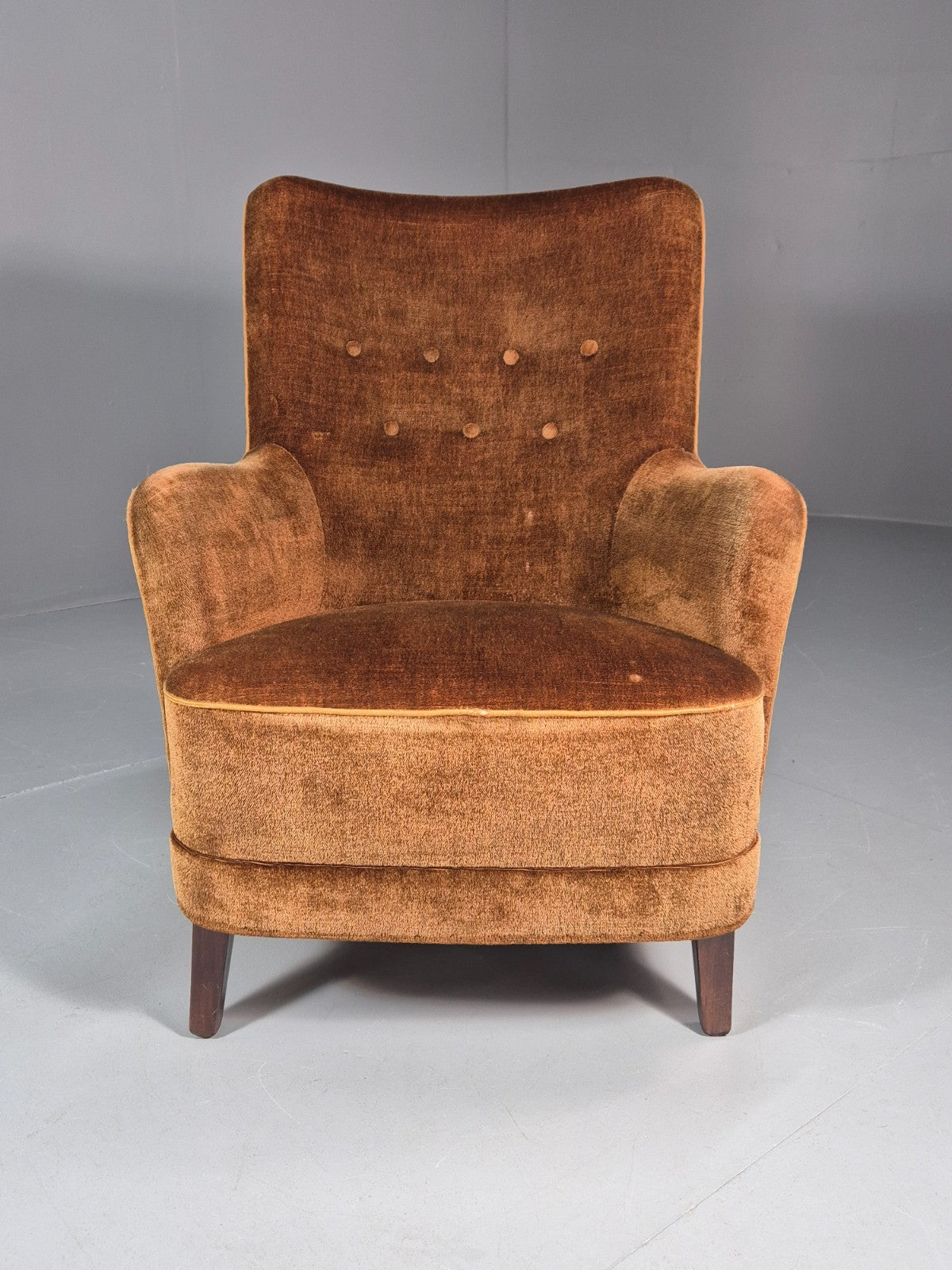 Mid Century Tub Chair Danish 1960s Brown Velour Retro Buttons EB10755 MNOR1