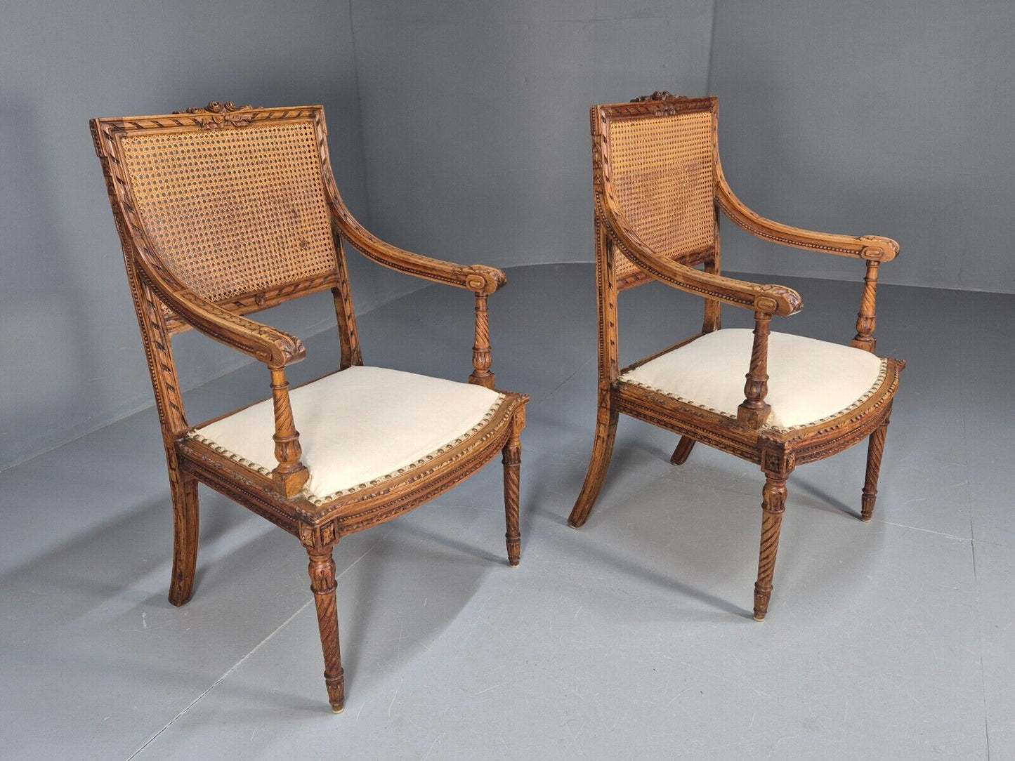 2 Vintage Danish Lounge Chairs Rattan Walnut Louis XVI Style Antique EB8995 VBER - UKDK FURNITURE