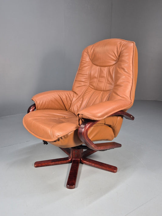 Vintage Tan Leather & Vinyl Swivel & Reclining Chair Danish Retro EB9265 MSWI - UKDK FURNITURE