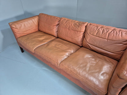 Retro Tan Leather Three Seater Sofa Vintage Danish Mid Century 1970 EB10078 M3SS20
