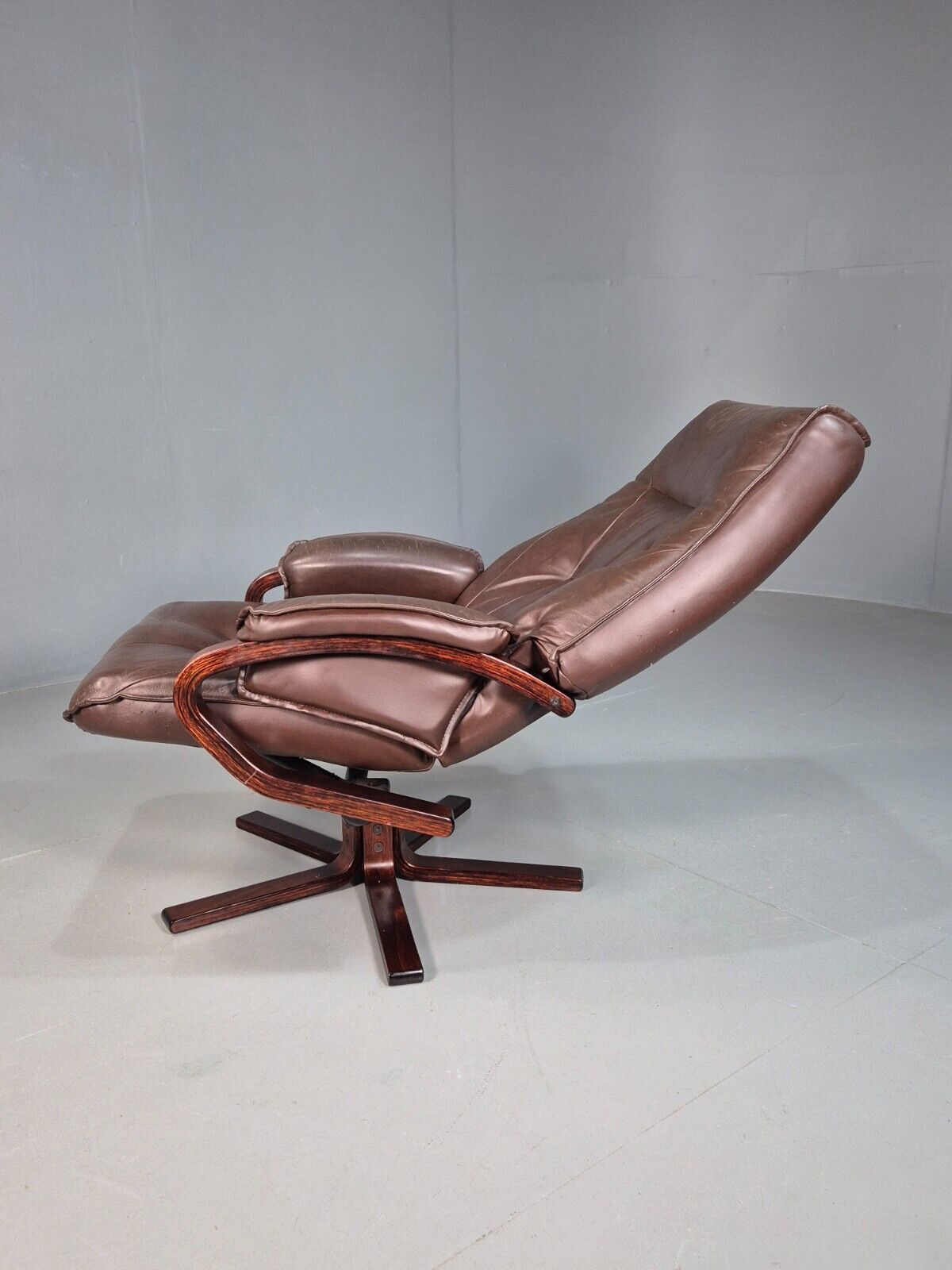 Vintage Danish Swivel Lounge Chair Brown Leather Bentwood 1980 Retro EB8269 MSWI - UKDK FURNITURE