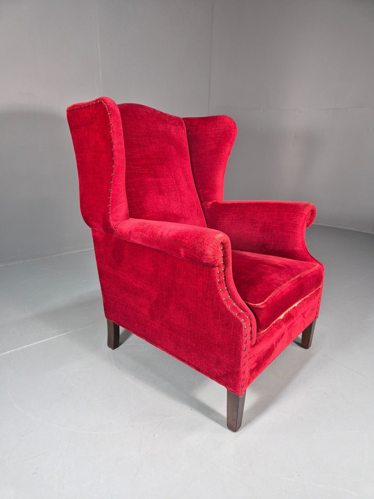 Wing Back Lounge Chair Red Velour Danish 1960s Georgian Style EB10754 VCLO12
