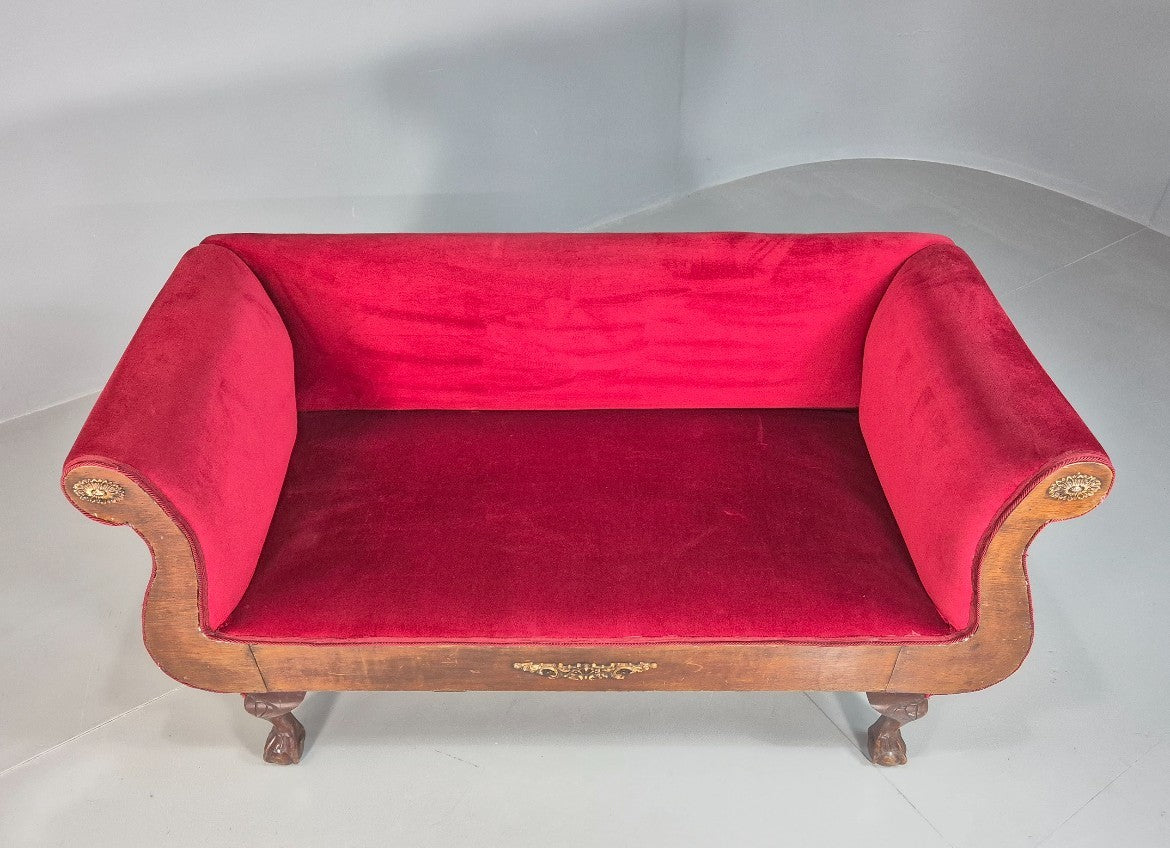 Vintage Antique Scroll End Settee Ball Claw Feet Red Velour 1900s EB7920 V2SS7