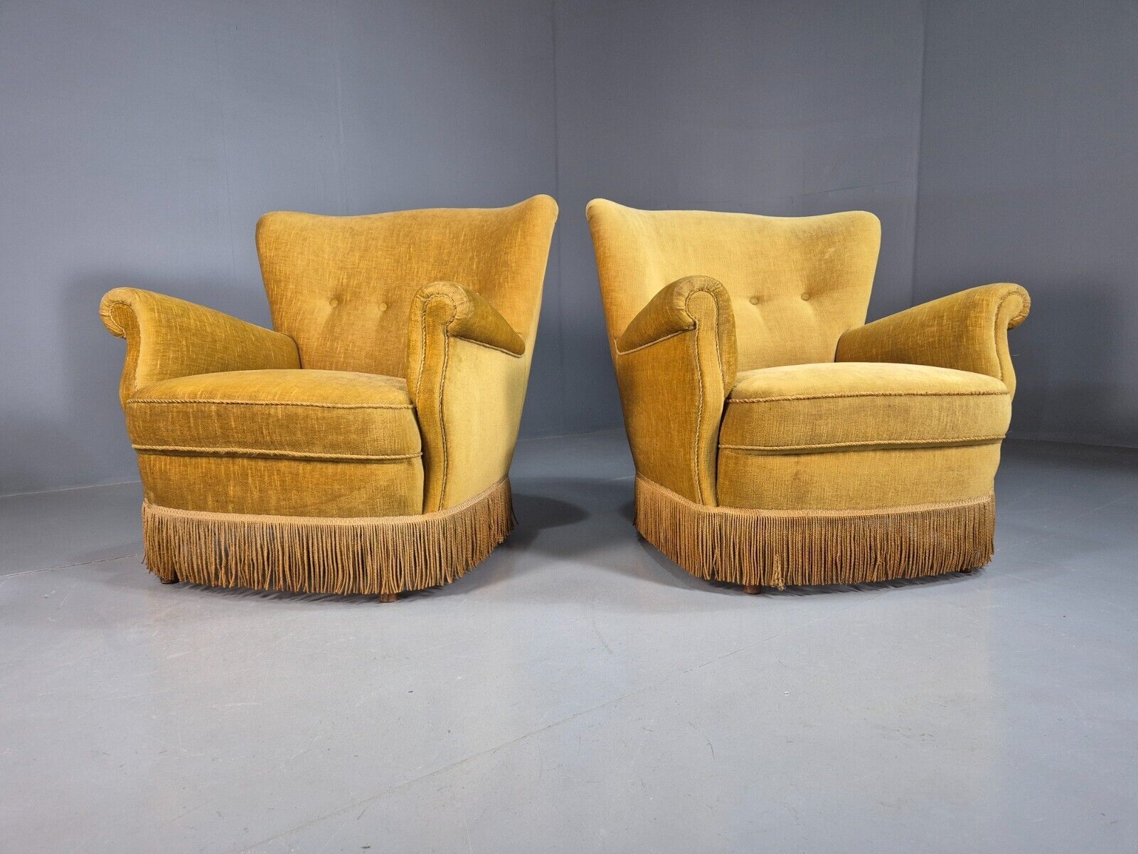 Pair Of Vintage Danish Gold Velour Armchairs Tassels Art Deco Style EB8068 VCLO - UKDK FURNITURE