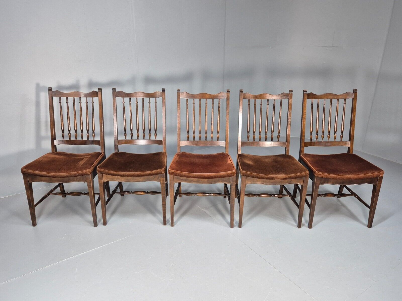 5 Vintage Dining Chairs Brown Velour Mahogany Stag 1970s Retro EB9148 VDIN - UKDK FURNITURE