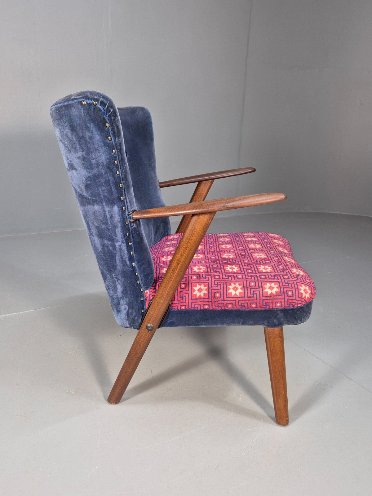Danish 1960s Armchair Teak Blue Pink Fabric Eran Møbler EB9316 MNOR - UKDK FURNITURE