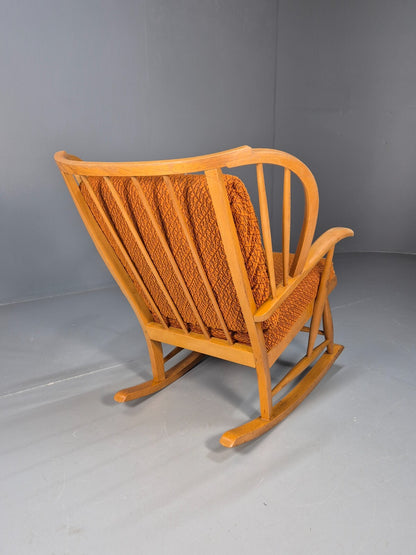 Vintage 1950s Rocking Chair Orange Pattern Fabric Beech Frame Retro EB9481 MNOR - UKDK FURNITURE