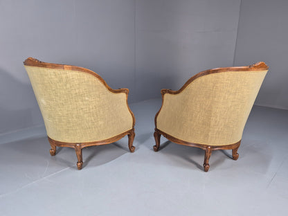2 Antique Tub Chairs Oak Carved Frame Green Patterned Velvet 1920s EB10741 VCAR11