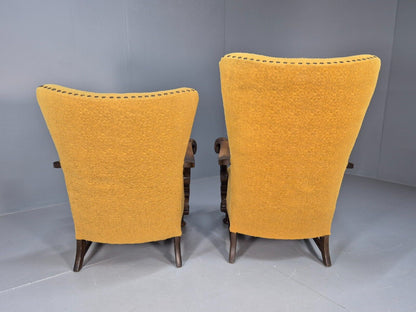 2 Vintage Baroque Armchgairs in Oak and Mustard Moquette 1940s EB9005 VCLO - UKDK FURNITURE