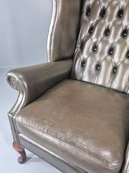 Vintage Wingback Leather Lounge Chair Queen Anne Style 1970s Retro EB11532 VLEA6