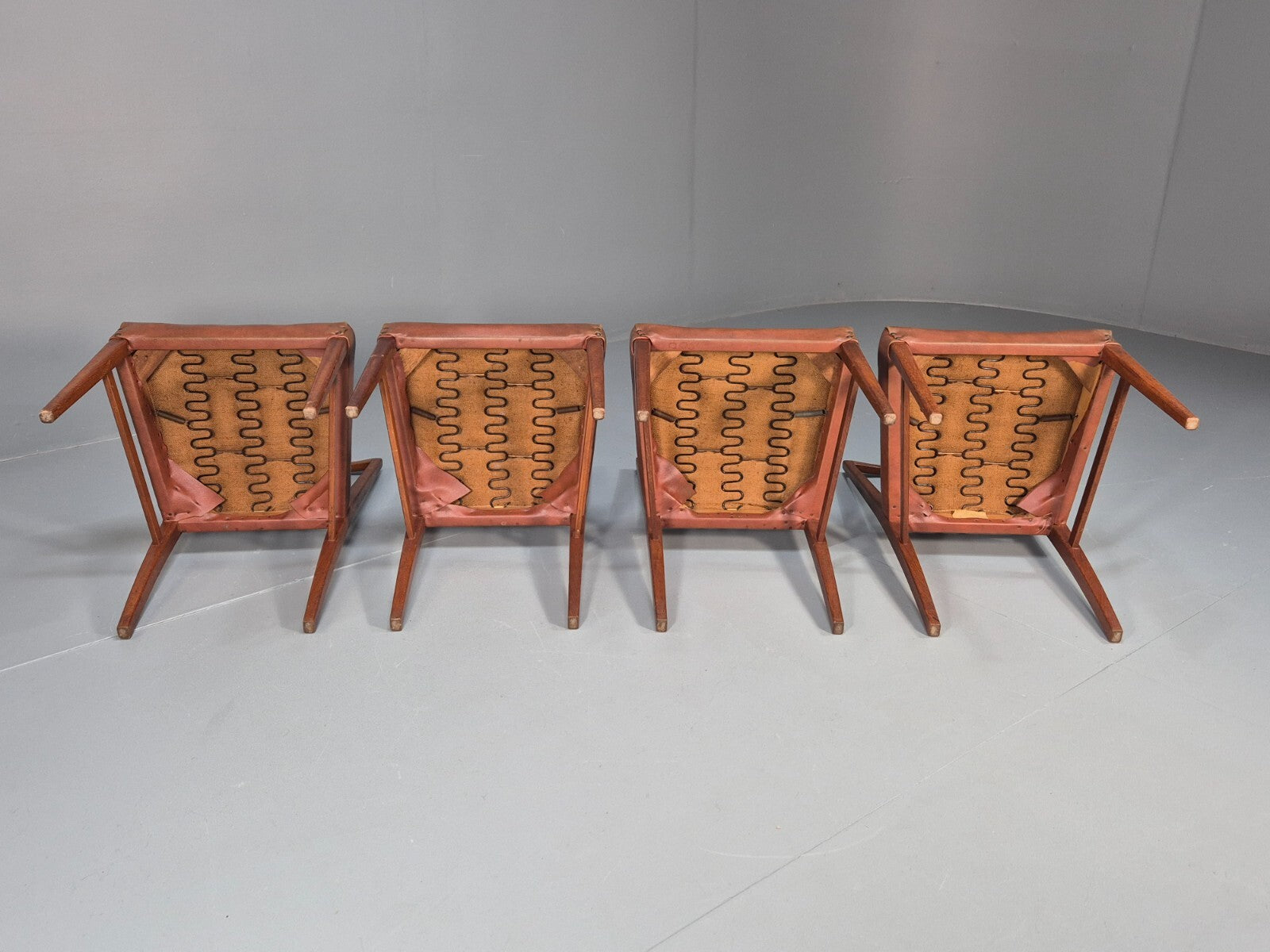 4 Gordon Russell Teak Dining Chairs Brown Vinyl 1960s Retro MCM EB9681 MDIN - UKDK FURNITURE