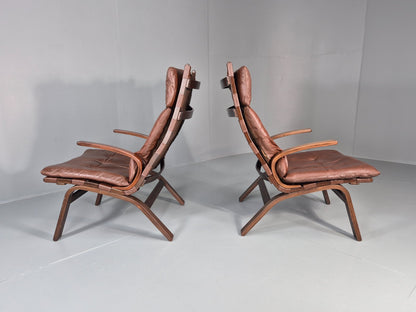 2 Mid Century Danish Leather Lounge Chairs Farstrup 1970s Bentwood EB11412 MBEN9