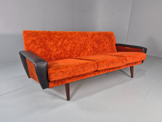 Vintage 3 Seater Sofa Vinyl Orange Velour 1960s Retro Mid Century EB11333 M3SS0