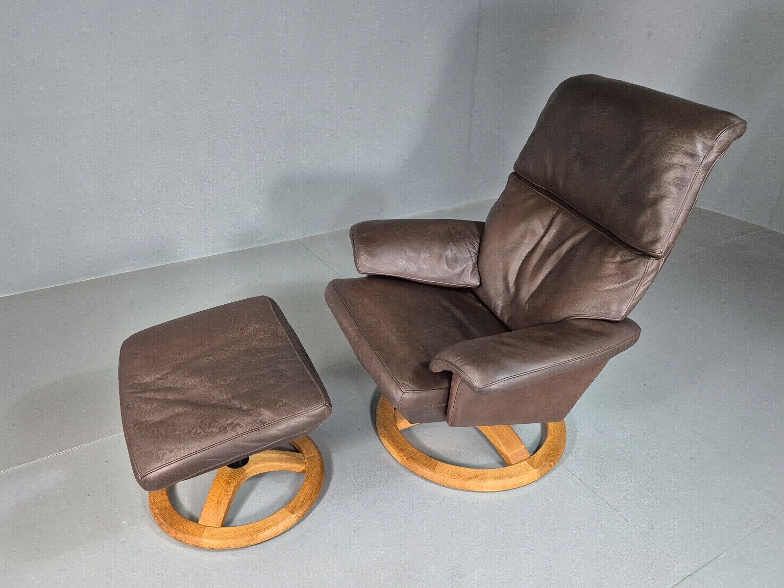 Vintage Danish Swivel Lounge Chair Footstool Brown Leather Retro EB7507 MSWI - UKDK FURNITURE