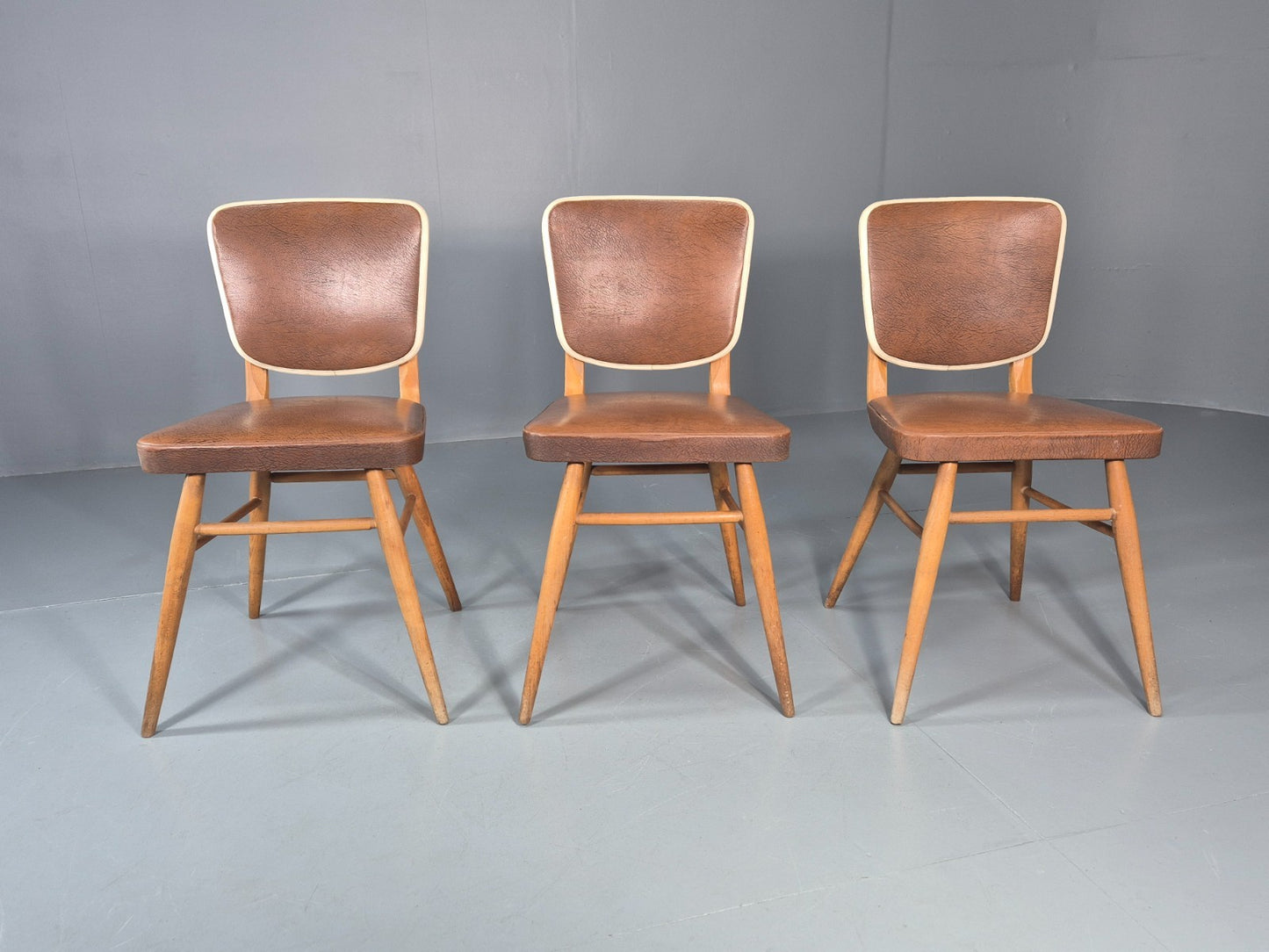 Vintage 1960s Dining Chairs - 3 In Brown Vinyl Beech Frames MCM EB10997 MDIN2