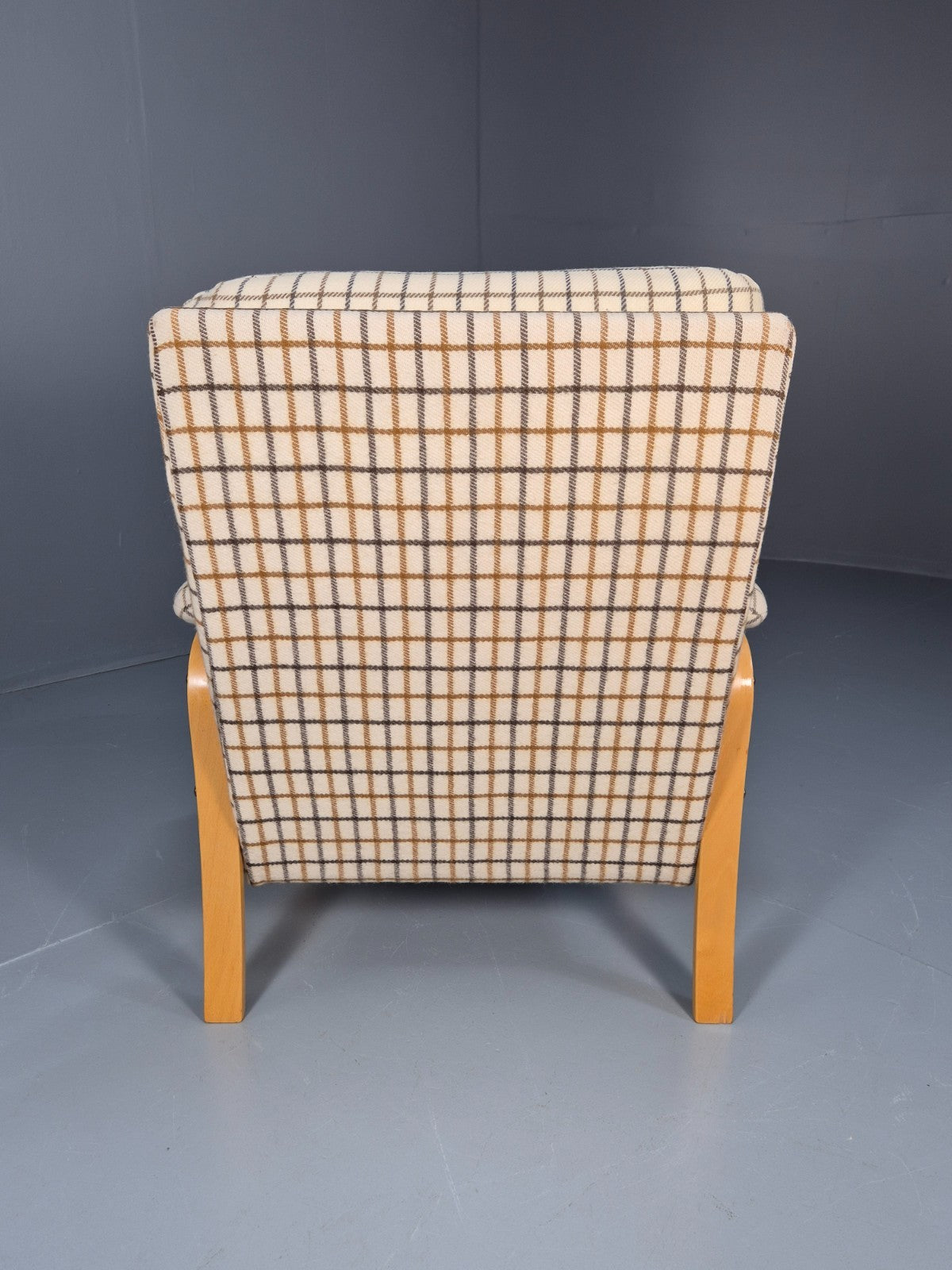 Vintage Bentwood Lounge Chair Danish Cream Wool Check 1980s Retro EB10334 MBEN12