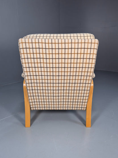 Vintage Bentwood Lounge Chair Danish Cream Wool Check 1980s Retro EB10334 MBEN12