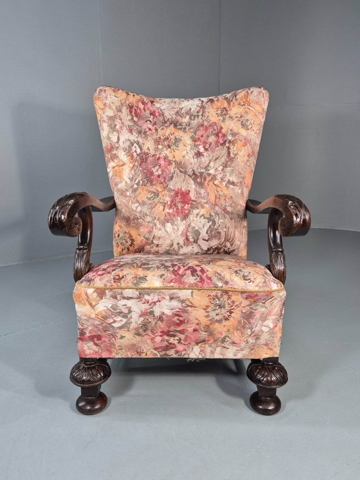 Vintage Carved Oak Chair Floral Fabric 1940s Traditional Curved EB10752 VCAR1