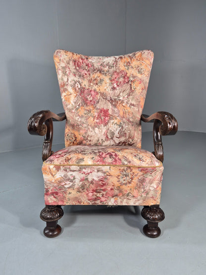 Vintage Carved Oak Chair Floral Fabric 1940s Traditional Curved EB10752 VCAR1