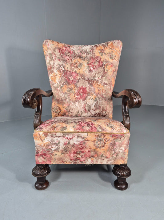 Vintage Carved Oak Chair Floral Fabric 1940s Traditional Curved EB10752 VCAR1