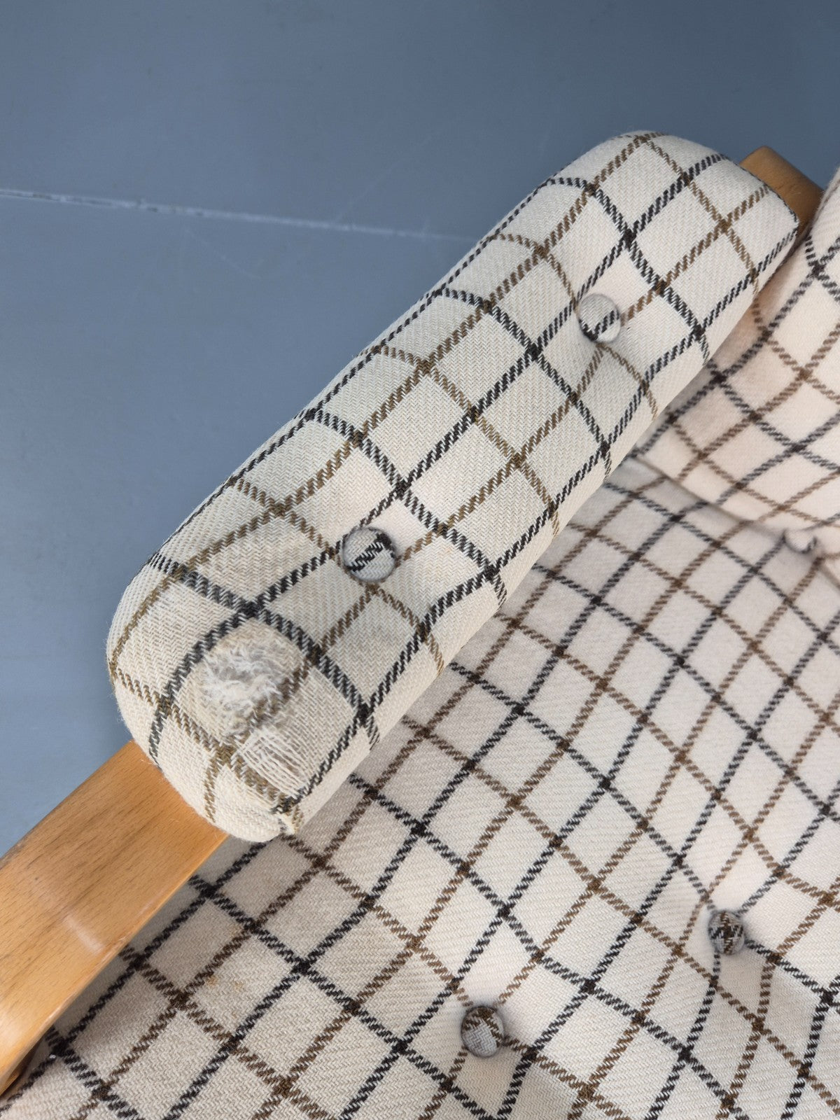 Vintage Bentwood Lounge Chair Danish Cream Wool Check 1980s Retro EB10334 MBEN5
