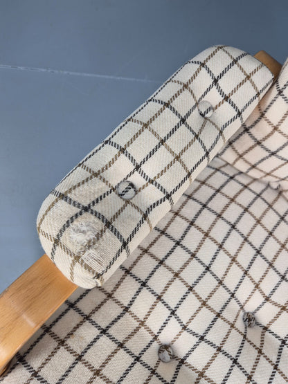 Vintage Bentwood Lounge Chair Danish Cream Wool Check 1980s Retro EB10334 MBEN5