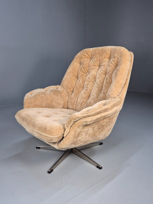 Vintage Swivel Chair Beige Velour 1970s Retro Danish Mid Century EB9313 MNOR - UKDK FURNITURE