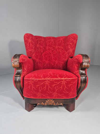 Vintage Art Deco Danish Lounge Chair Red Moquette 1930s EB11394 VCLO2