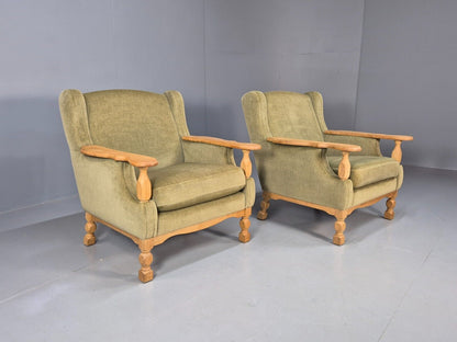 2 Vintage Danish Lounge Chairs Green Oak Frame Kjearnulf Retro 1970s EB8279 MNOR - UKDK FURNITURE