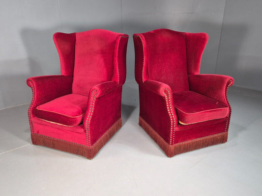 Pair Vintage Danish Wing Back Red Velour Studded Armchairs EB8059 VCLO - UKDK FURNITURE