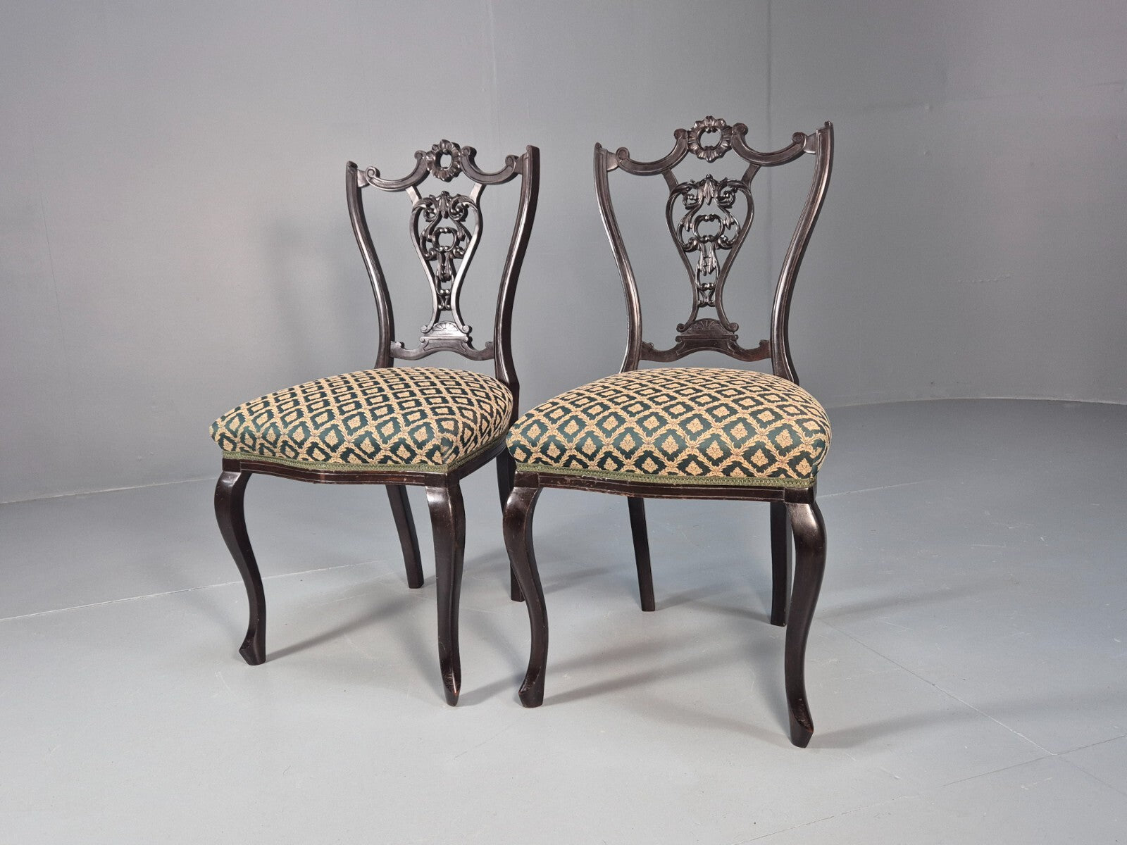 Vintage Royal Green Dining Chairs Pair Leaf Pattern Mahogany Frame EB9691 VDIN - UKDK FURNITURE