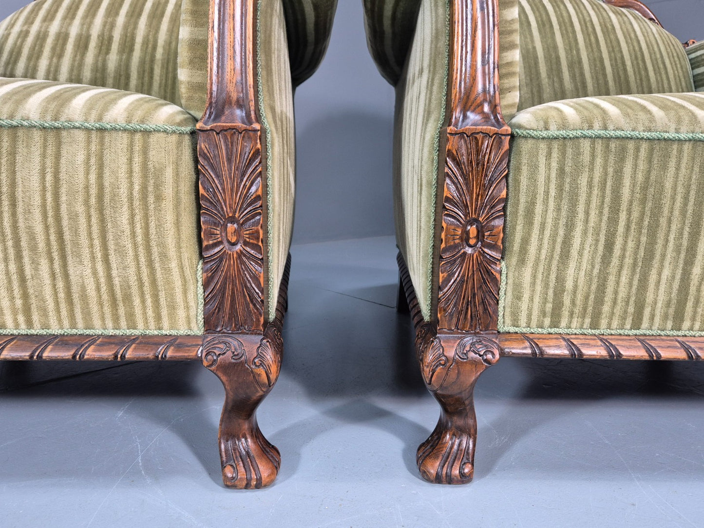 2 Antique Deep Lounge Chairs Oak Frame Green Corduroy 1900s  EB10758 VCAR3