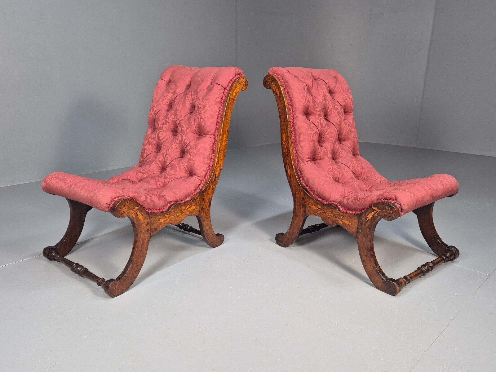 2 Vintage Slipper Chairs Pink Cotton Rosewood Inlay Antique EB8874 VCLO - UKDK FURNITURE
