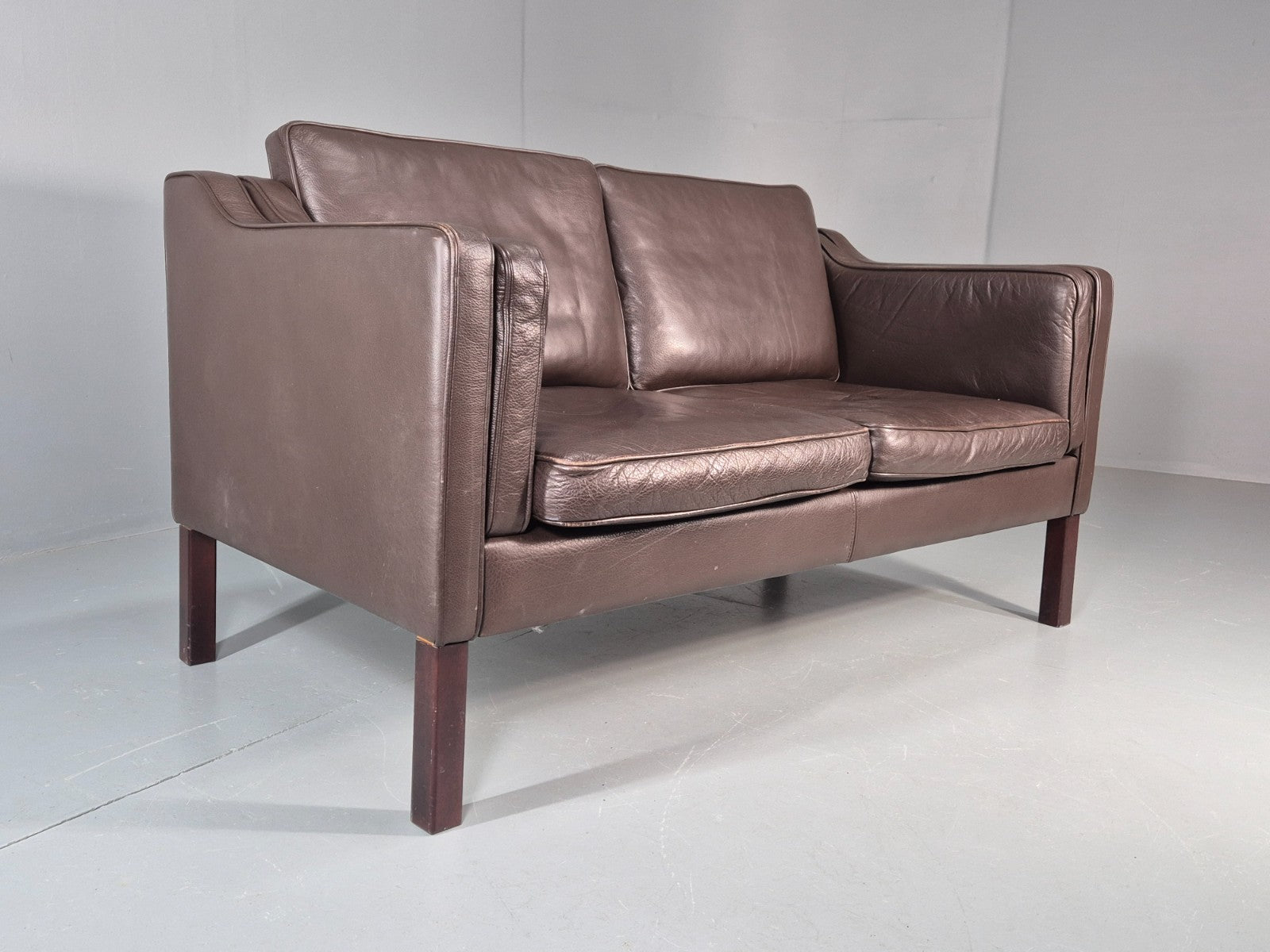 Vintage Danish 2 Seat Settee 1970s Danish Brown Leather Retro MCM EB11633 M2SS1