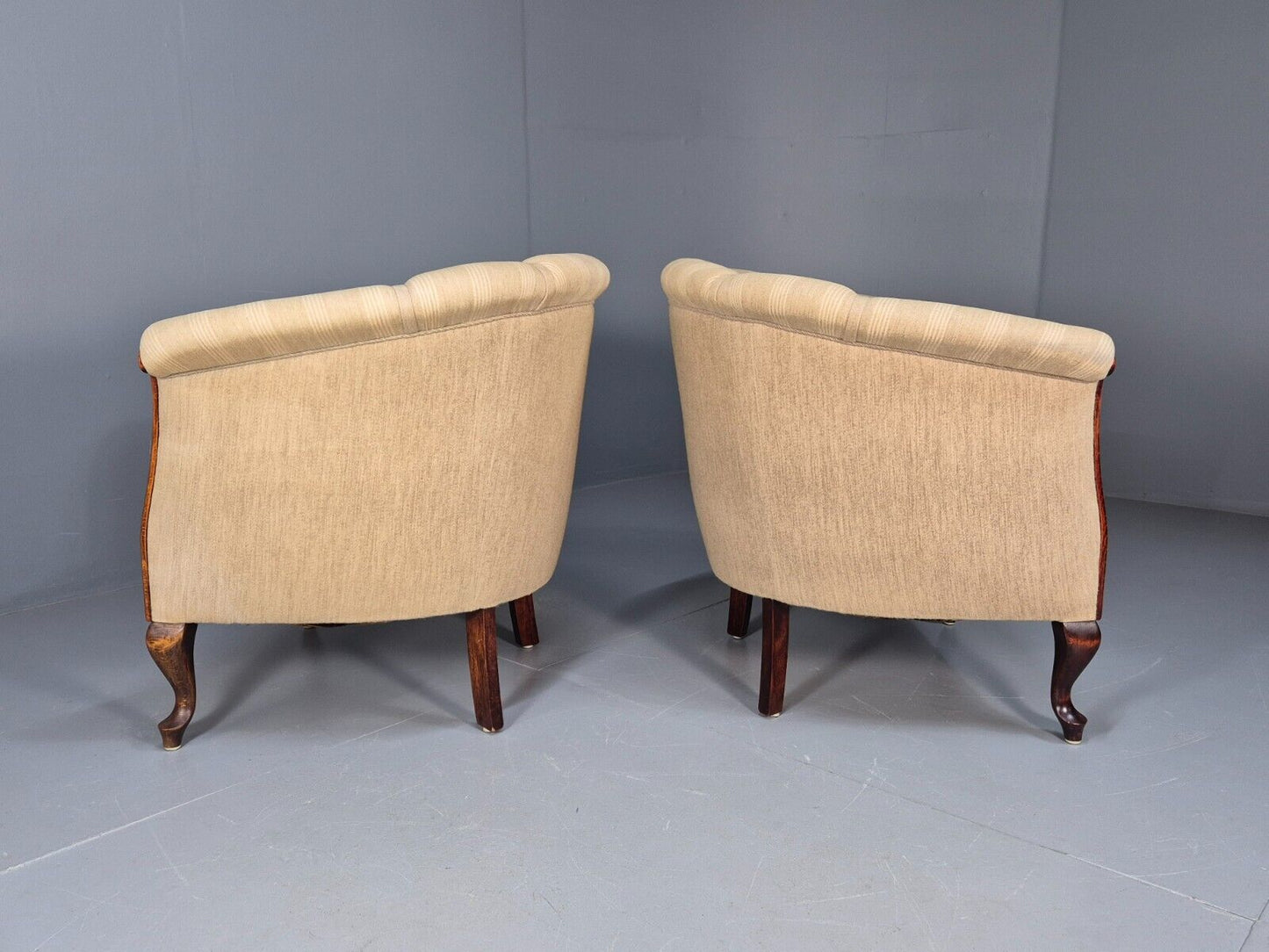 2Pair of Vintage Antique Danish Tub Chairs Beige Cream Stripes 1930s EB9049 VCLO - UKDK FURNITURE