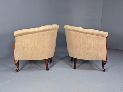 2Pair of Vintage Antique Danish Tub Chairs Beige Cream Stripes 1930s EB9049 VCLO - UKDK FURNITURE