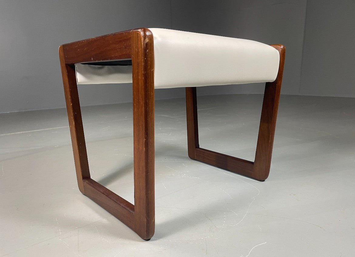 Vintage Stool 1970s Retro Teak and White Vinyl EB6562 MFOO6