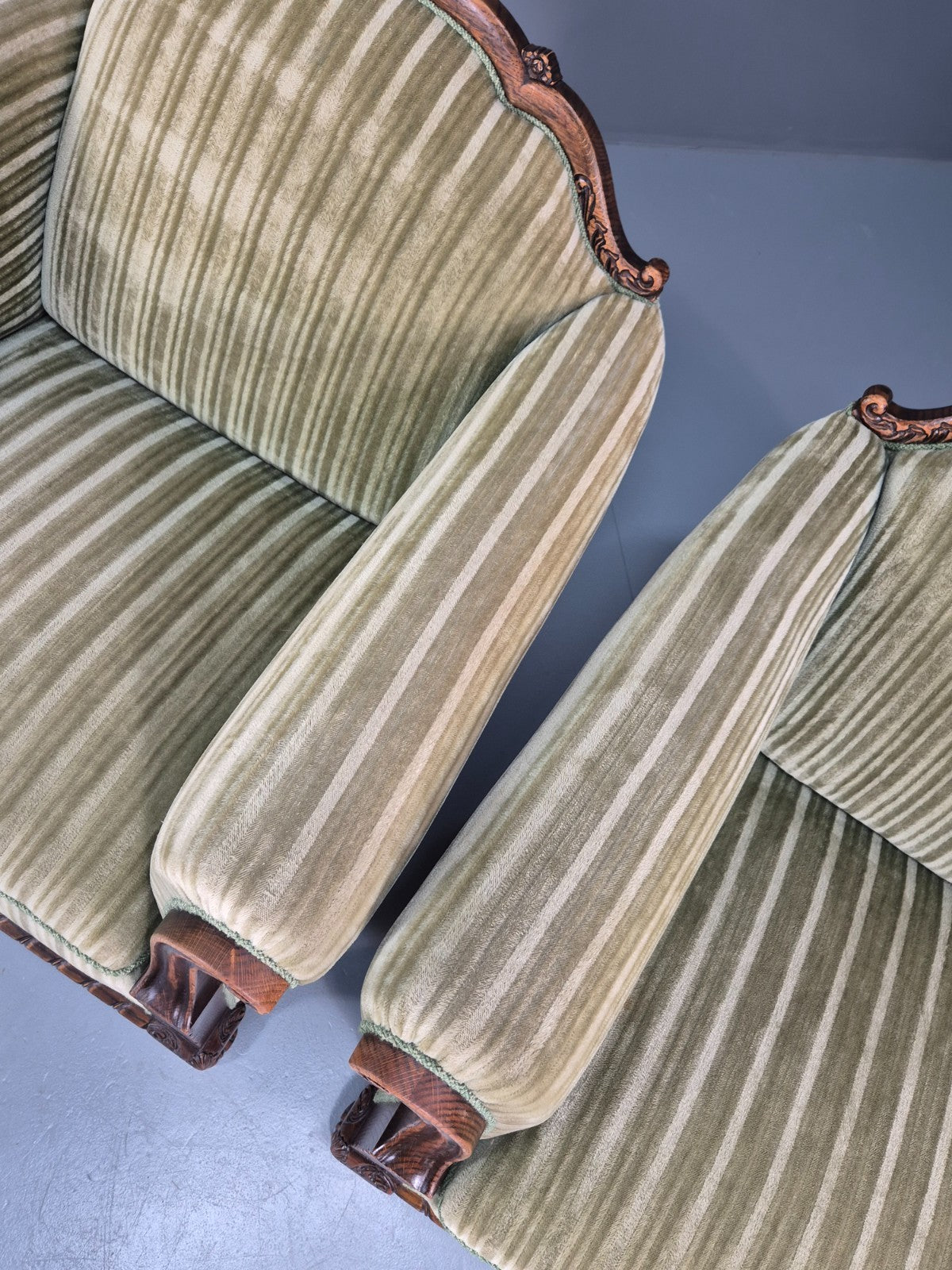 2 Antique Deep Lounge Chairs Oak Frame Green Corduroy 1900s  EB10758 VCAR6