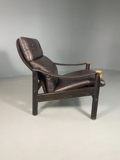 Vintage Danish Lounge Chair Brown Leather Sling Arms Retro MCM EB6867 MNOR - UKDK FURNITURE