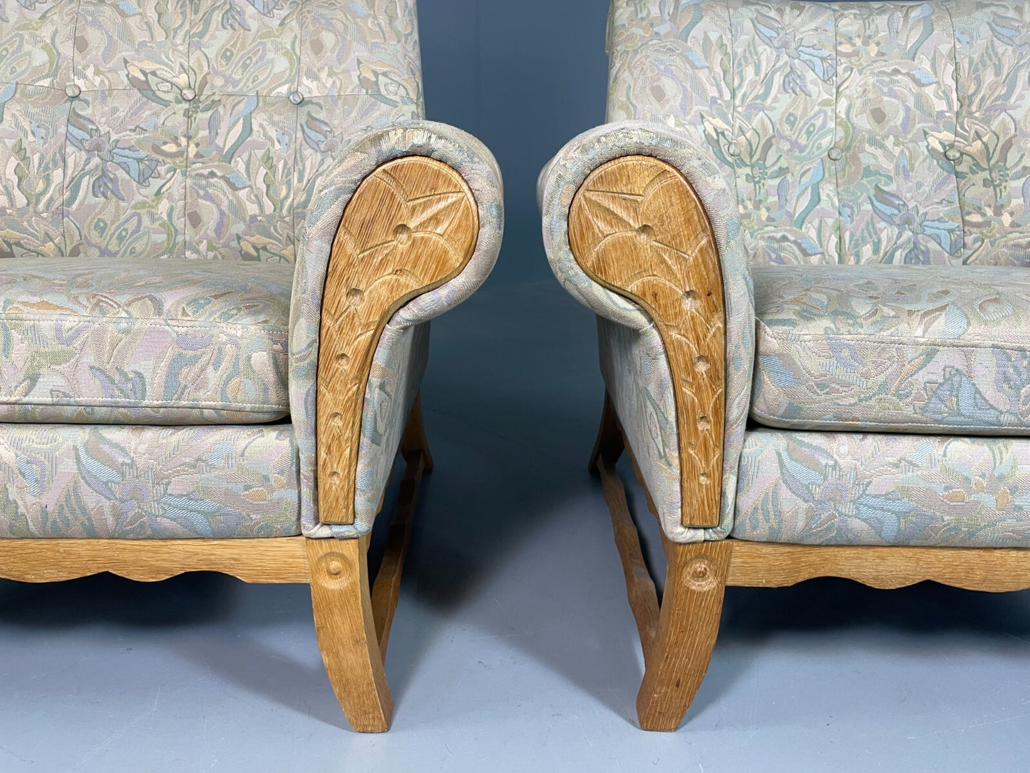 2 Danish Lounge Chairs Kjaernulf Oak Floral Cotton Vintage Retro EB6749 MNOR3