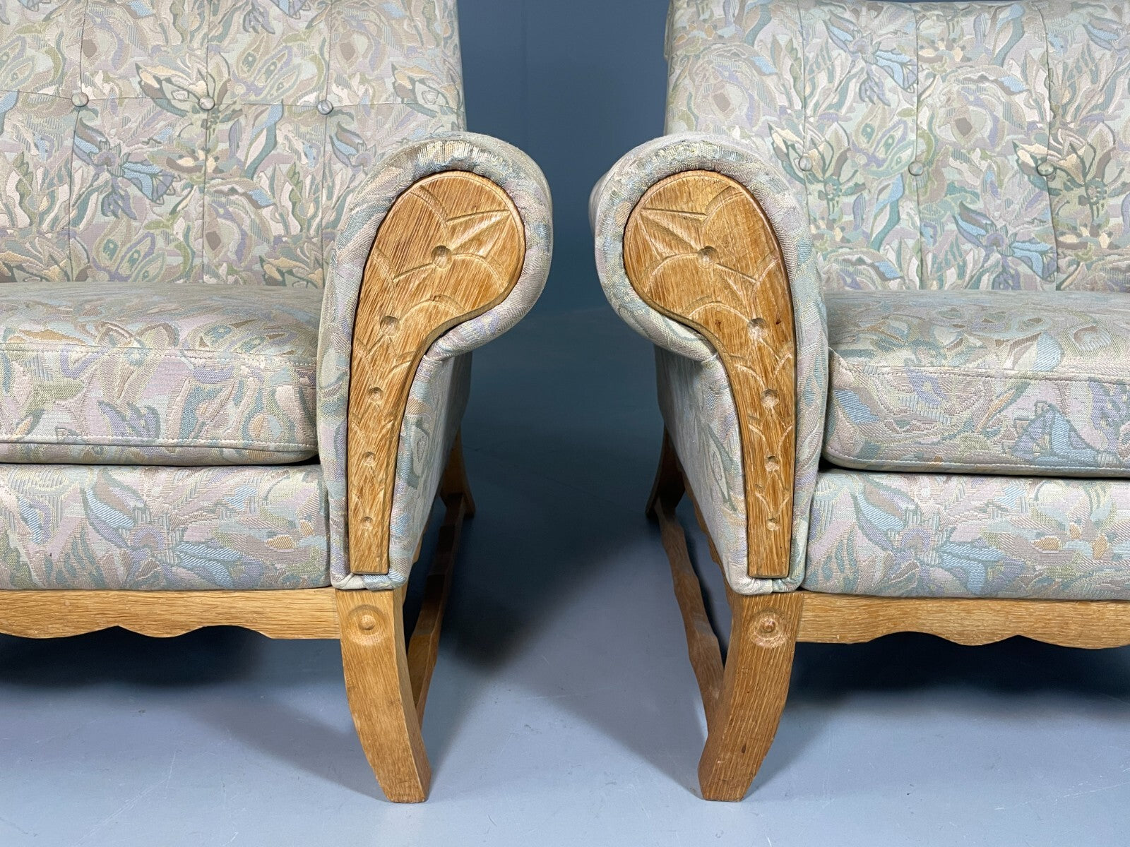 2 Danish Lounge Chairs Kjaernulf Oak Floral Cotton Vintage Retro EB6749 MNOR3